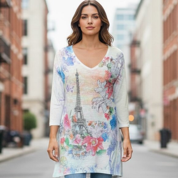 CACTUS Eiffel Tower Floral Embellished Tunic Top Sz M 95D - Picture 1 of 9